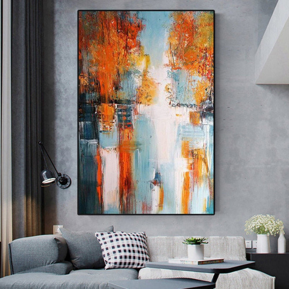Room mockup. Abstract artwork with dense rust-orange patches, dark teal accents and a pale blue and white passage with drips.