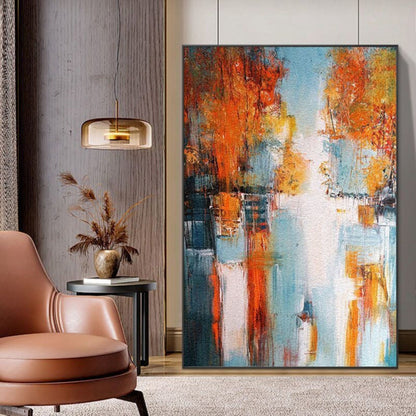 Room mockup. Abstract artwork with dense rust-orange patches, dark teal accents and a pale blue and white passage with drips.