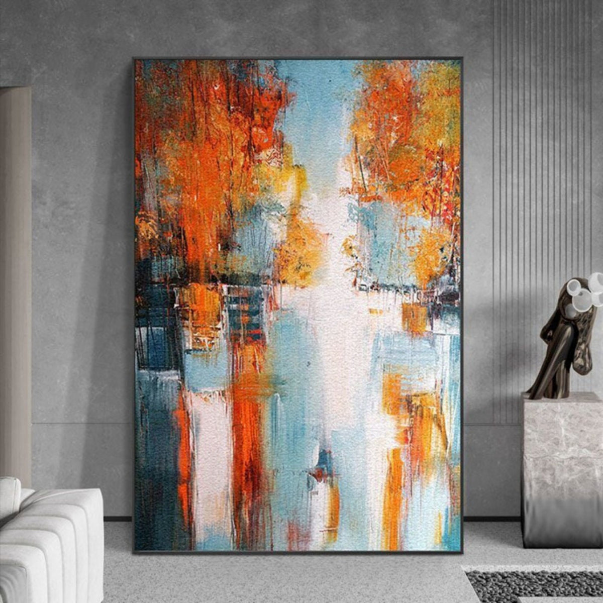 Room mockup. Abstract artwork with dense rust-orange patches, dark teal accents and a pale blue and white passage with drips.