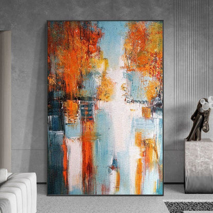 Room mockup. Abstract artwork with dense rust-orange patches, dark teal accents and a pale blue and white passage with drips.