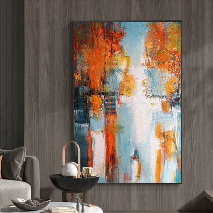 Room mockup. Abstract artwork with dense rust-orange patches, dark teal accents and a pale blue and white passage with drips.