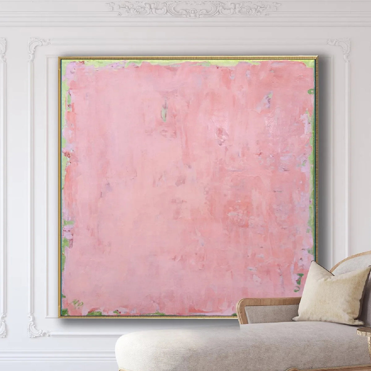 Room mockup showing soft pink abstract painting with a mottled surface and thin pale green edging.