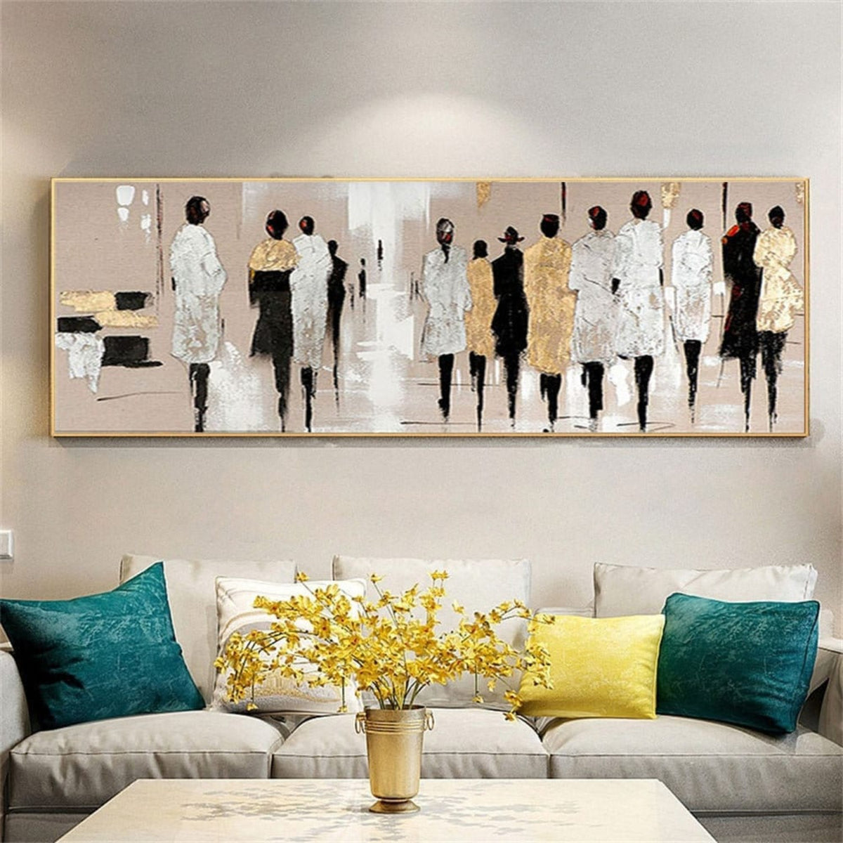 Room mockup. A line of elongated figures in white, black and gold-coloured clothing against a soft beige and pale grey field.