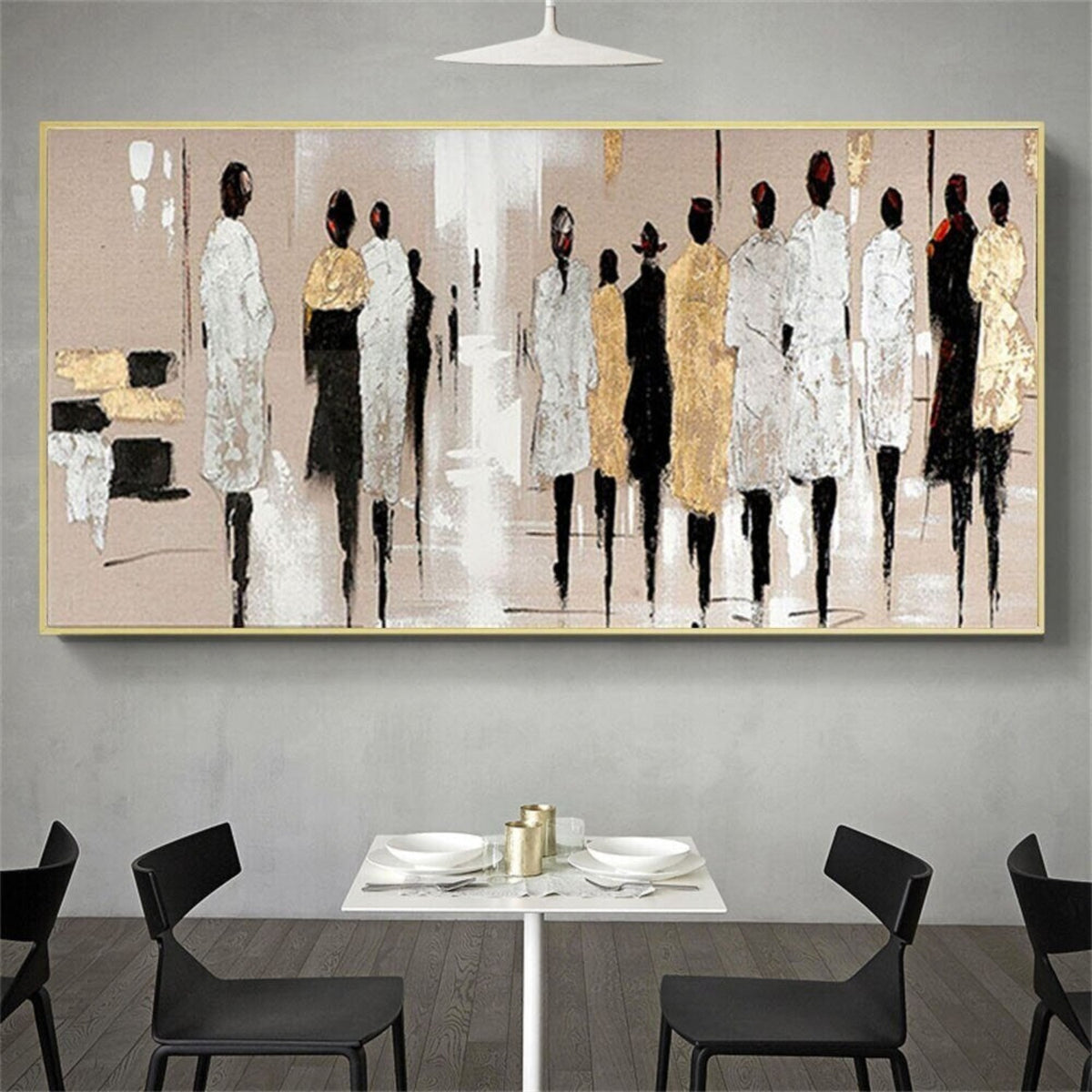 Room mockup. A line of elongated figures in white, black and gold-coloured clothing against a soft beige and pale grey field.