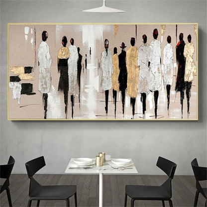 Room mockup. A line of elongated figures in white, black and gold-coloured clothing against a soft beige and pale grey field.