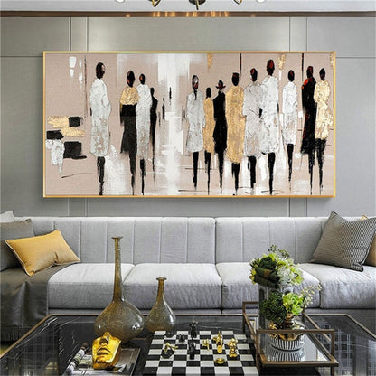 Room mockup. A line of elongated figures in white, black and gold-coloured clothing against a soft beige and pale grey field.