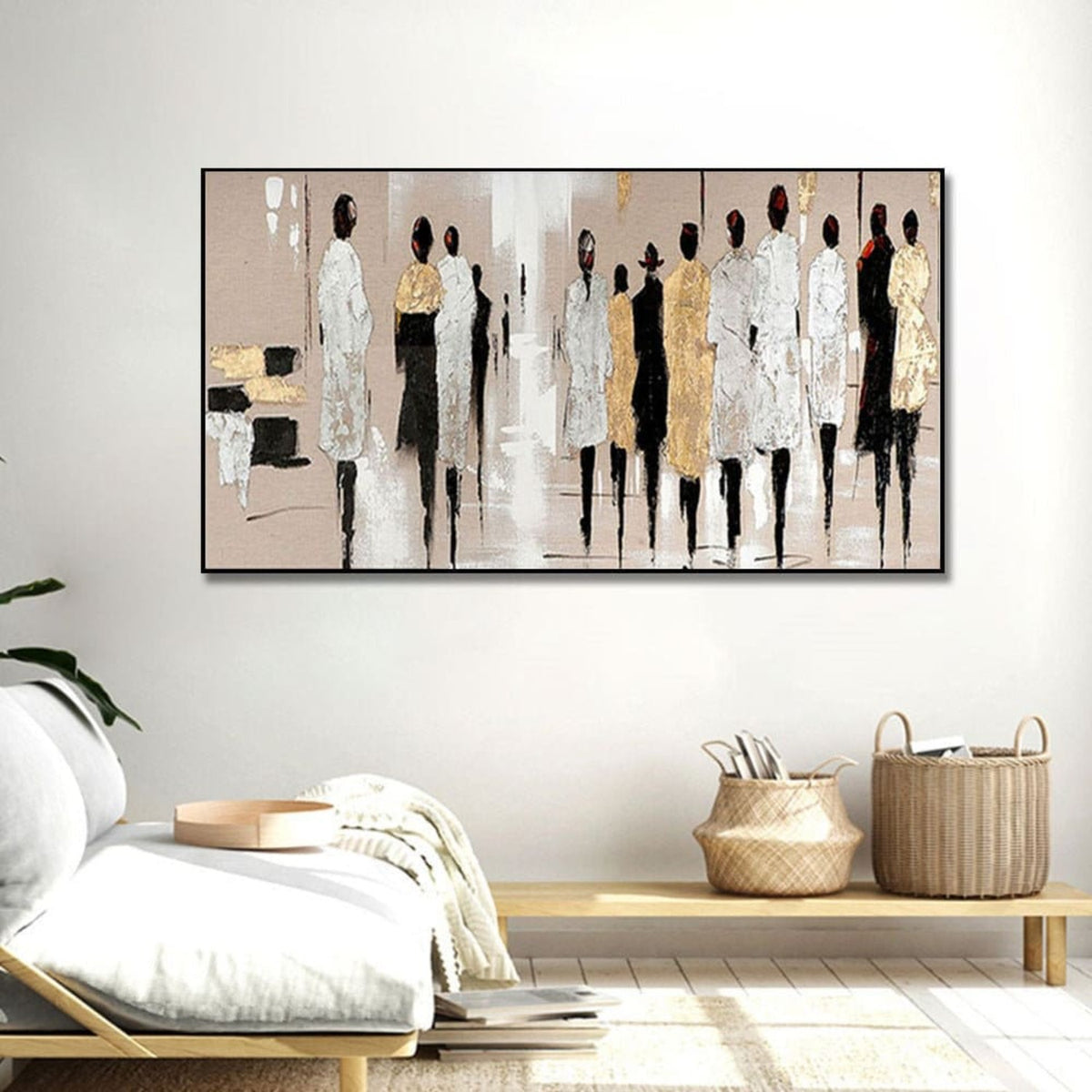Room mockup. A line of elongated figures in white, black and gold-coloured clothing against a soft beige and pale grey field.