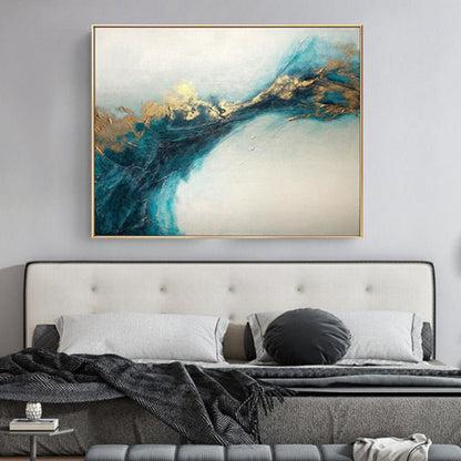 Room mockup. A broad dark teal branching sweep with gold-coloured textured edges crosses a pale cream and grey field.
