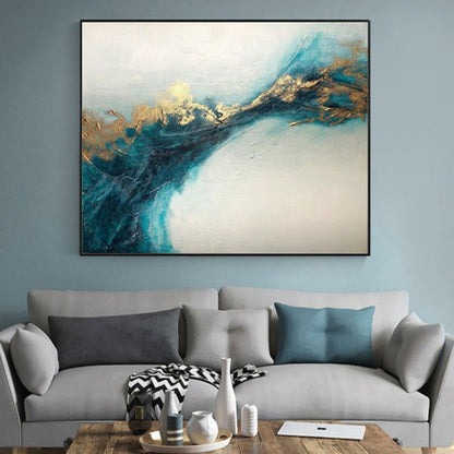 Room mockup. A broad dark teal branching sweep with gold-coloured textured edges crosses a pale cream and grey field.