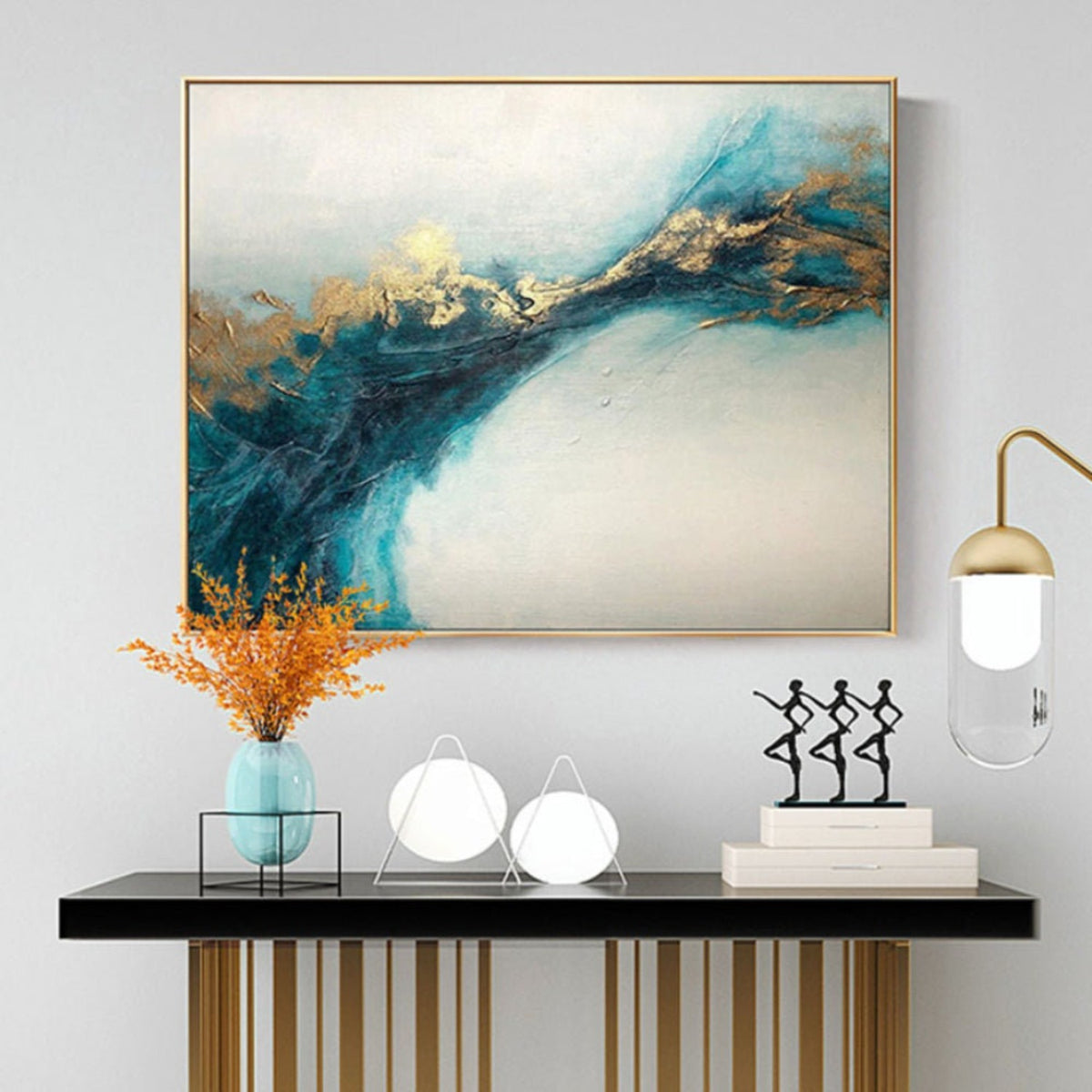 Room mockup. A broad dark teal branching sweep with gold-coloured textured edges crosses a pale cream and grey field.