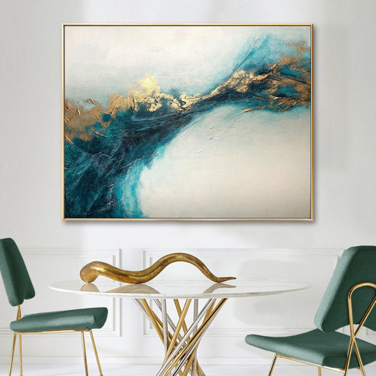 Room mockup. A broad dark teal branching sweep with gold-coloured textured edges crosses a pale cream and grey field.