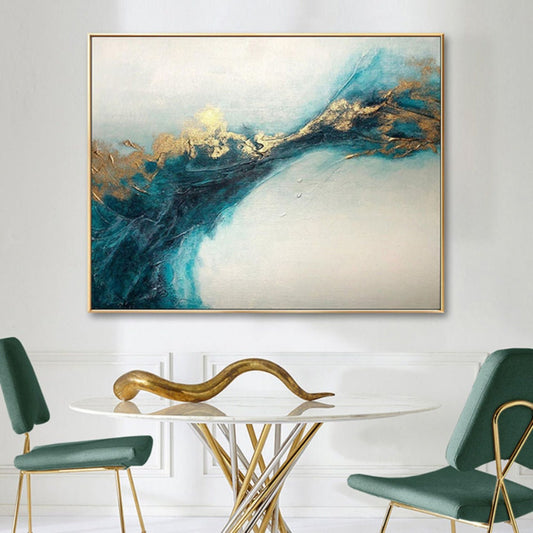 Room mockup. A broad dark teal branching sweep with gold-coloured textured edges crosses a pale cream and grey field.