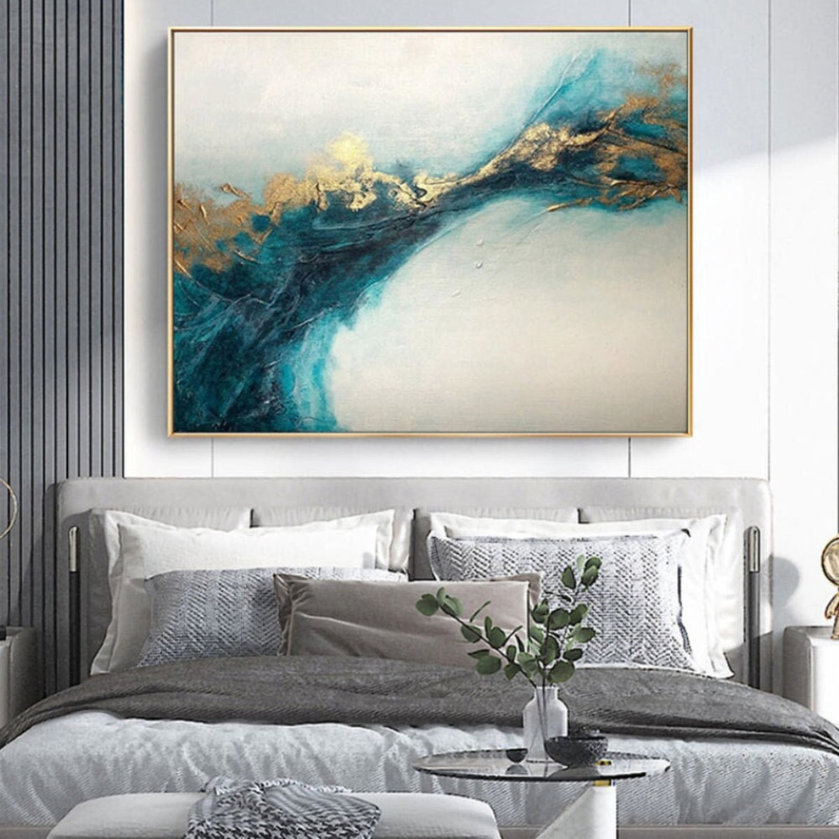 Room mockup. A broad dark teal branching sweep with gold-coloured textured edges crosses a pale cream and grey field.