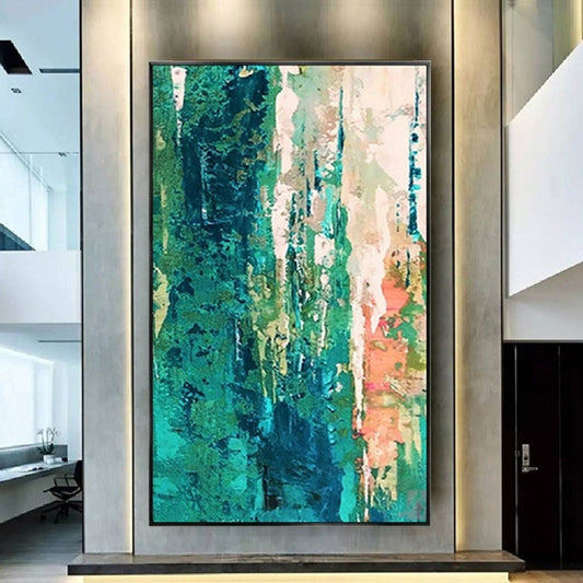 Room mockup. Deep teal and green vertical scraped strokes border pale peach and pink textured strips.