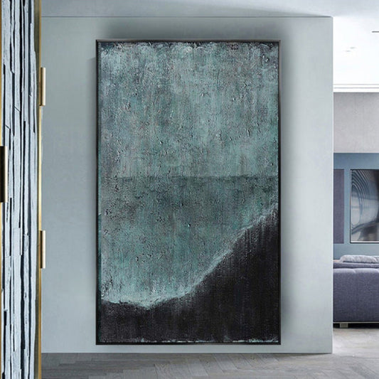 Room mockup. A muted teal and grey finely scratched field above a broad black curved area rising at the lower right.