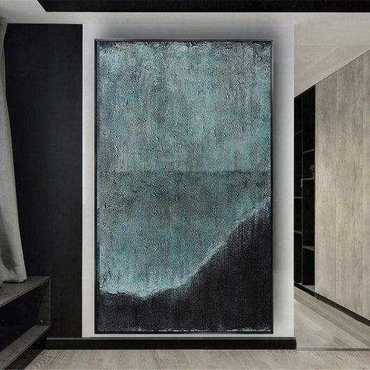 Room mockup. A muted teal and grey finely scratched field above a broad black curved area rising at the lower right.