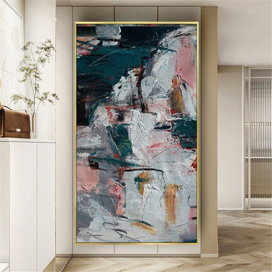 Room mockup. Dark teal upper patches and pale grey scraped strokes with muted pink, ochre and fine red accents.