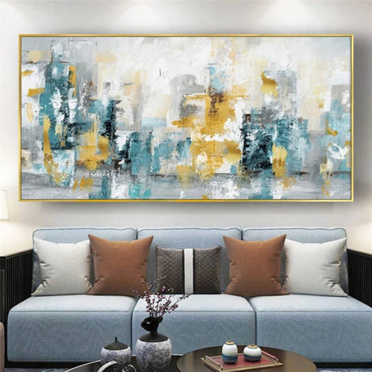 Room mockup. Loose teal, ochre, grey and white block-like patches with rough edges across a pale horizontal field.