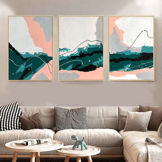 Room mockup. Three-panel abstract artwork with deep teal flowing bands across cream, grey and pale pink fields.