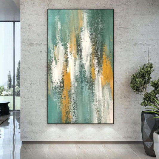 Room mockup. Loose white and ochre vertical strokes rise and fall across a muted teal and green textured field.