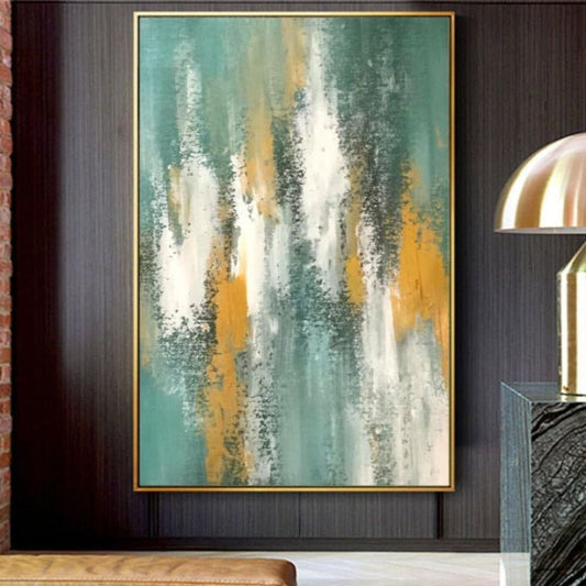 Room mockup. Loose white and ochre vertical strokes rise and fall across a muted teal and green textured field.