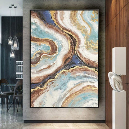 Room mockup. Winding turquoise, cream, brown and navy bands with fine gold-coloured edges converge in a flowing stone-like pattern.