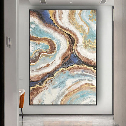 Room mockup. Winding turquoise, cream, brown and navy bands with fine gold-coloured edges converge in a flowing stone-like pattern.