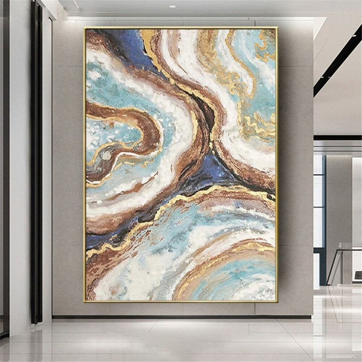 Room mockup. Winding turquoise, cream, brown and navy bands with fine gold-coloured edges converge in a flowing stone-like pattern.