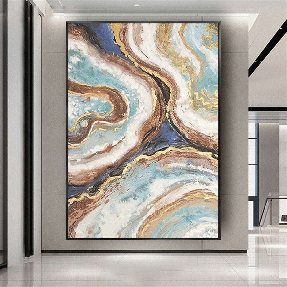 Room mockup. Winding turquoise, cream, brown and navy bands with fine gold-coloured edges converge in a flowing stone-like pattern.