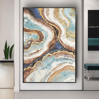 Room mockup. Winding turquoise, cream, brown and navy bands with fine gold-coloured edges converge in a flowing stone-like pattern.