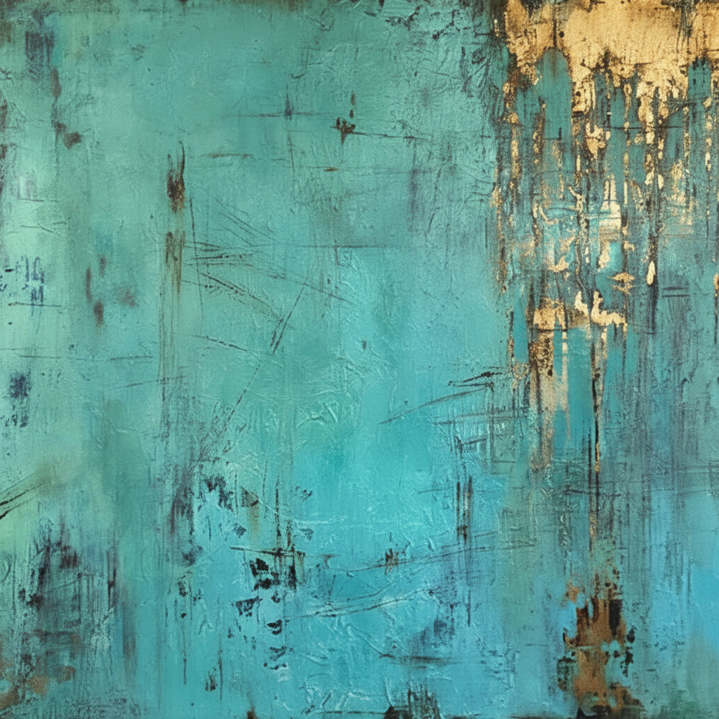 A turquoise textured field with fine dark scratched marks and gold-coloured patches dripping down from an upper edge.