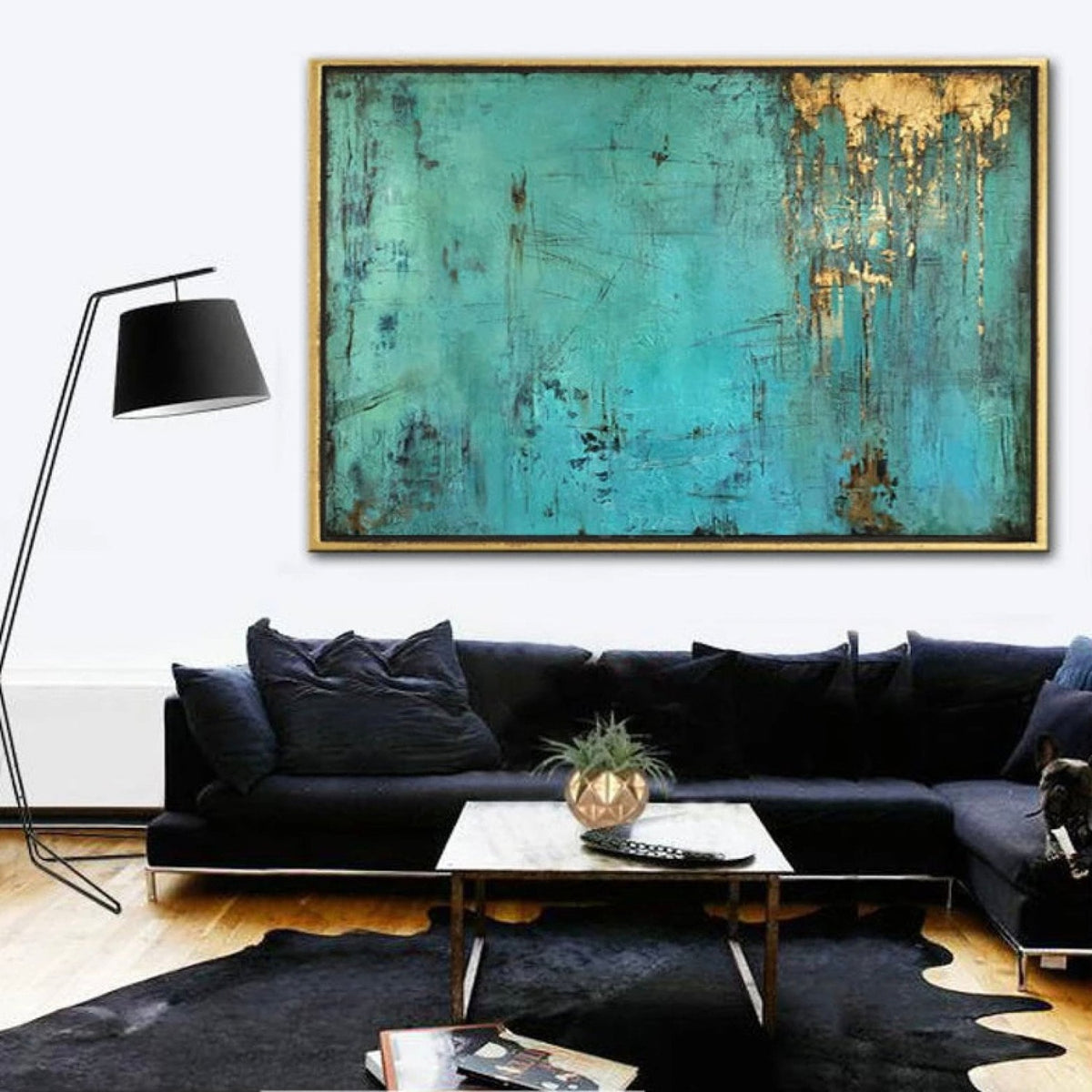Room mockup. A turquoise textured field with fine dark scratched marks and gold-coloured patches dripping down from an upper edge.