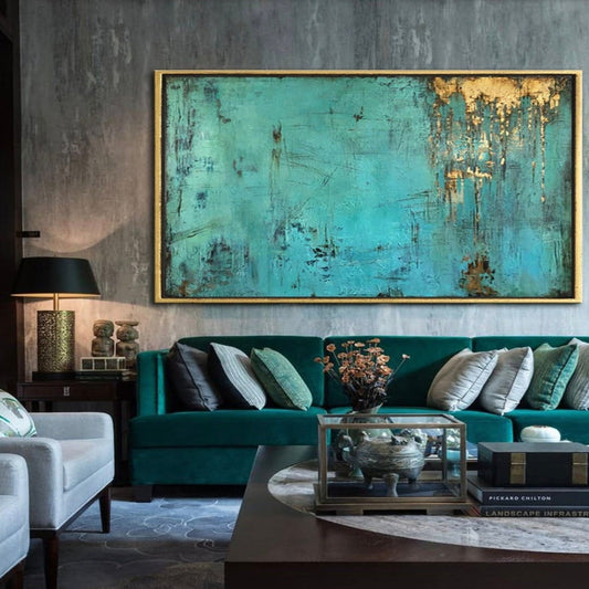 Room mockup. A turquoise textured field with fine dark scratched marks and gold-coloured patches dripping down from an upper edge.