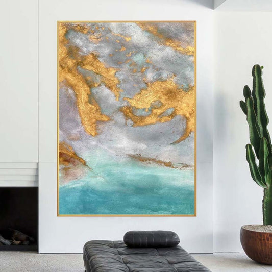 Room mockup. Cloud-like grey and white forms with gold-coloured textured patches above a soft turquoise lower field.