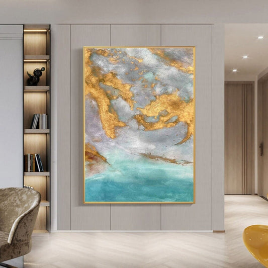 Room mockup. Cloud-like grey and white forms with gold-coloured textured patches above a soft turquoise lower field.