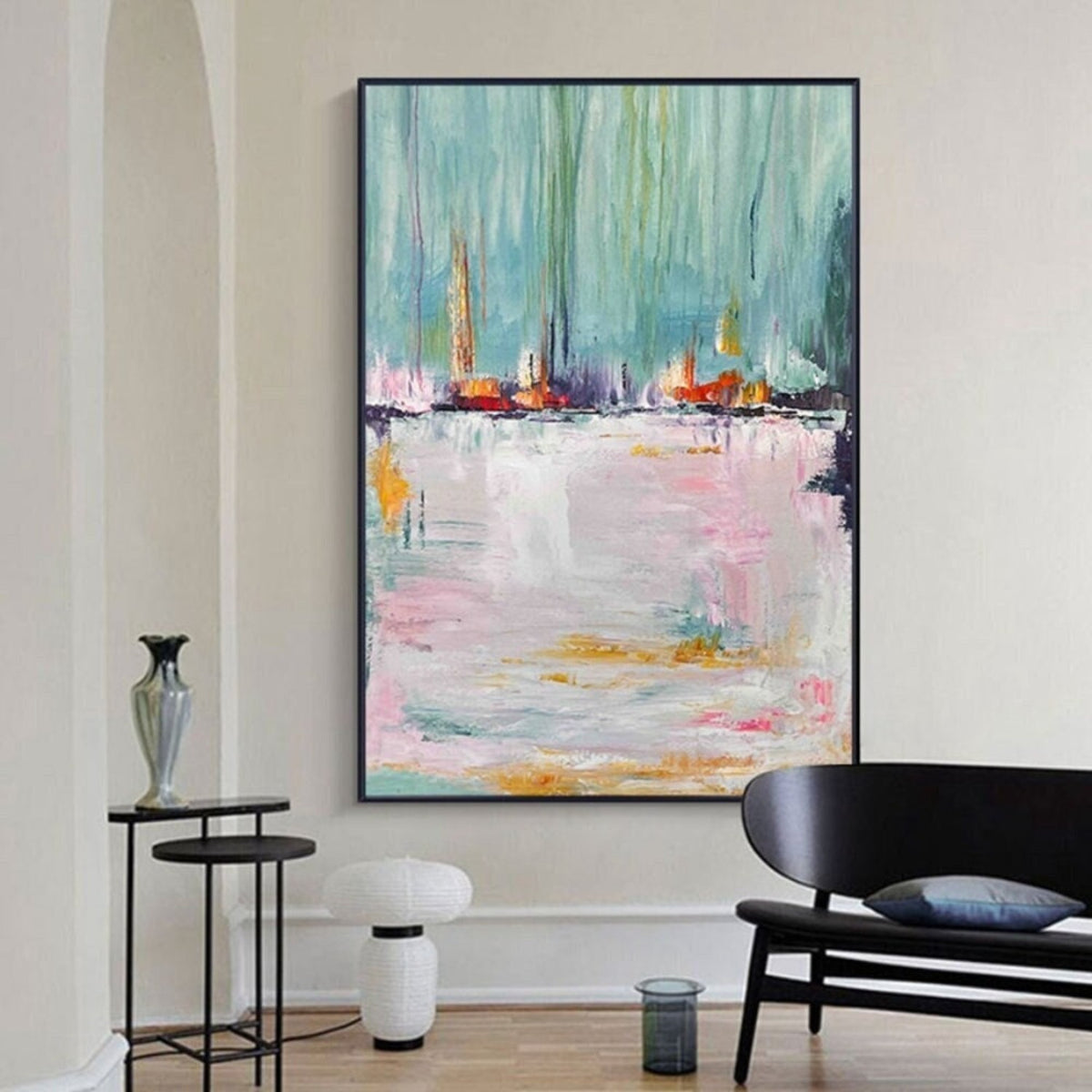 Room mockup. Small red, orange and yellow boat-like shapes along a dark horizon beneath turquoise strokes, reflected in pale pink-white below.