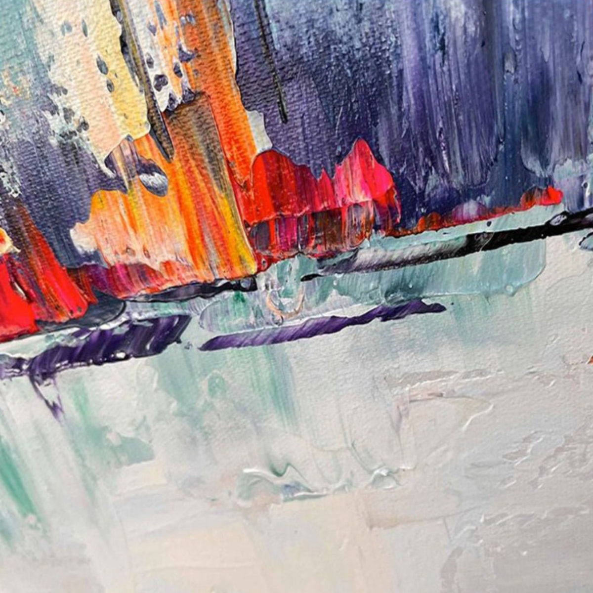 Close-up. Small red, orange and yellow boat-like shapes along a dark horizon beneath turquoise strokes, reflected in pale pink-white below.