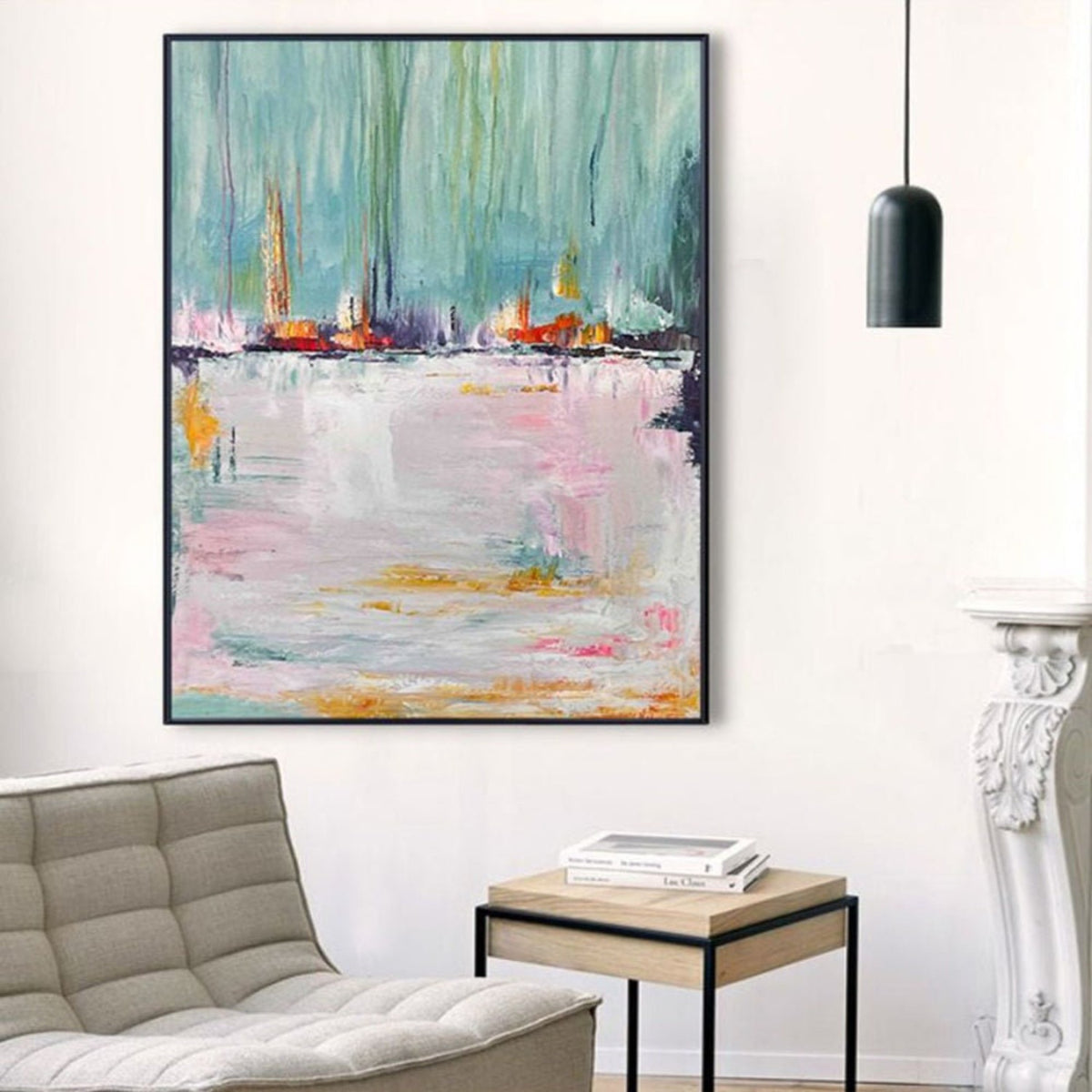 Room mockup. Small red, orange and yellow boat-like shapes along a dark horizon beneath turquoise strokes, reflected in pale pink-white below.