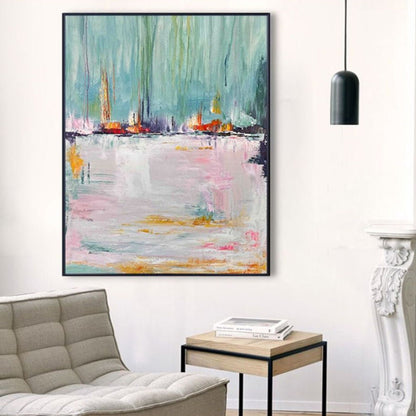 Room mockup. Small red, orange and yellow boat-like shapes along a dark horizon beneath turquoise strokes, reflected in pale pink-white below.