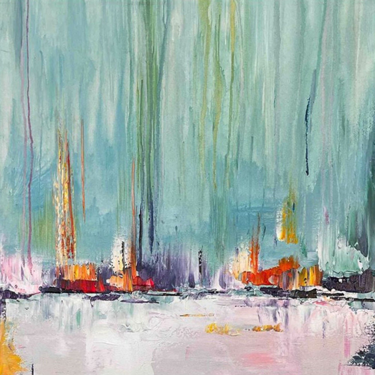 Small red, orange and yellow boat-like shapes along a dark horizon beneath turquoise strokes, reflected in pale pink-white below.