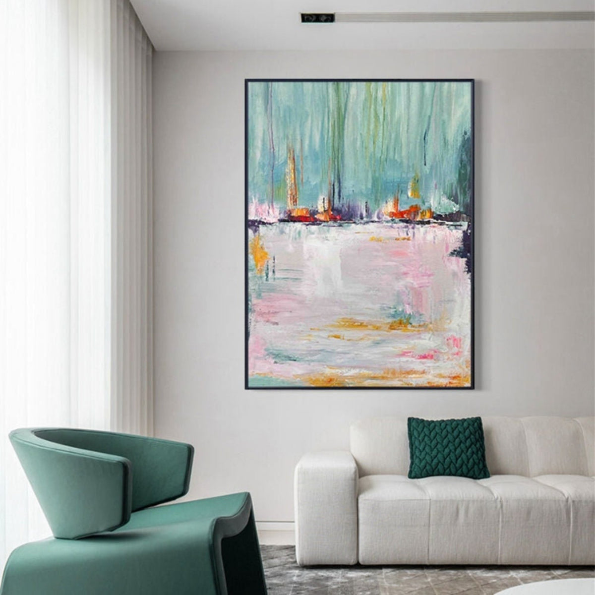 Room mockup. Small red, orange and yellow boat-like shapes along a dark horizon beneath turquoise strokes, reflected in pale pink-white below.