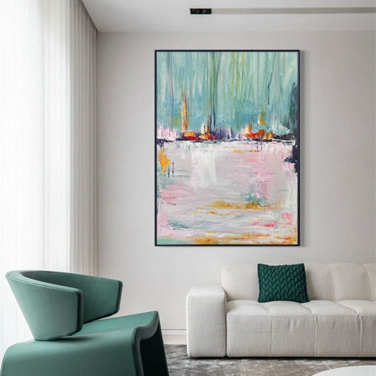 Room mockup. Small red, orange and yellow boat-like shapes along a dark horizon beneath turquoise strokes, reflected in pale pink-white below.