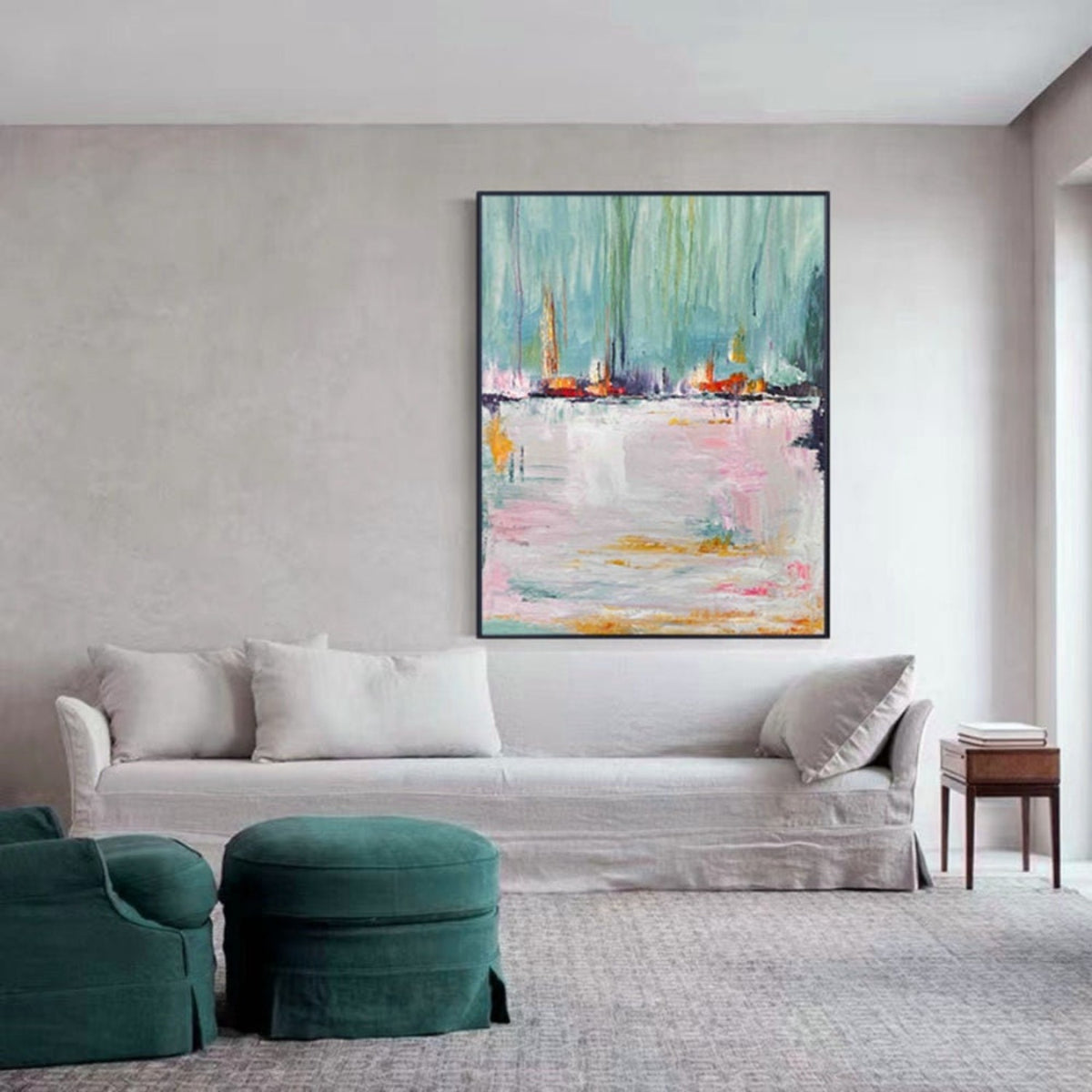 Room mockup. Small red, orange and yellow boat-like shapes along a dark horizon beneath turquoise strokes, reflected in pale pink-white below.