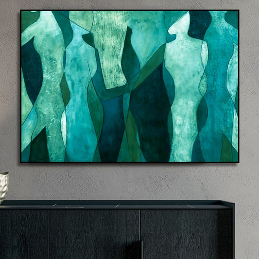 Room mockup showing turquoise and teal abstract figures with pale angular bodies against a dark green background.