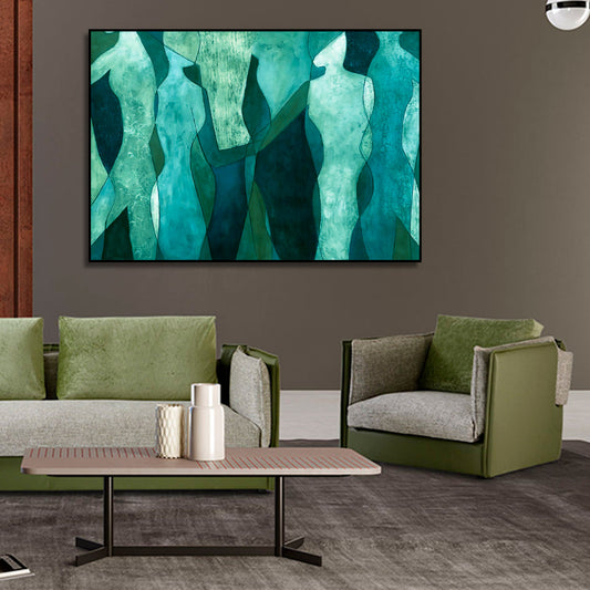 Room mockup showing turquoise and teal abstract figures with pale angular bodies against a dark green background.
