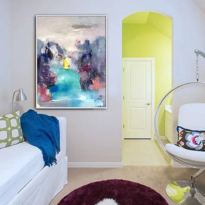Room mockup. A central turquoise water-like passage between dark purple and grey shapes beneath pale cream and pink strokes.
