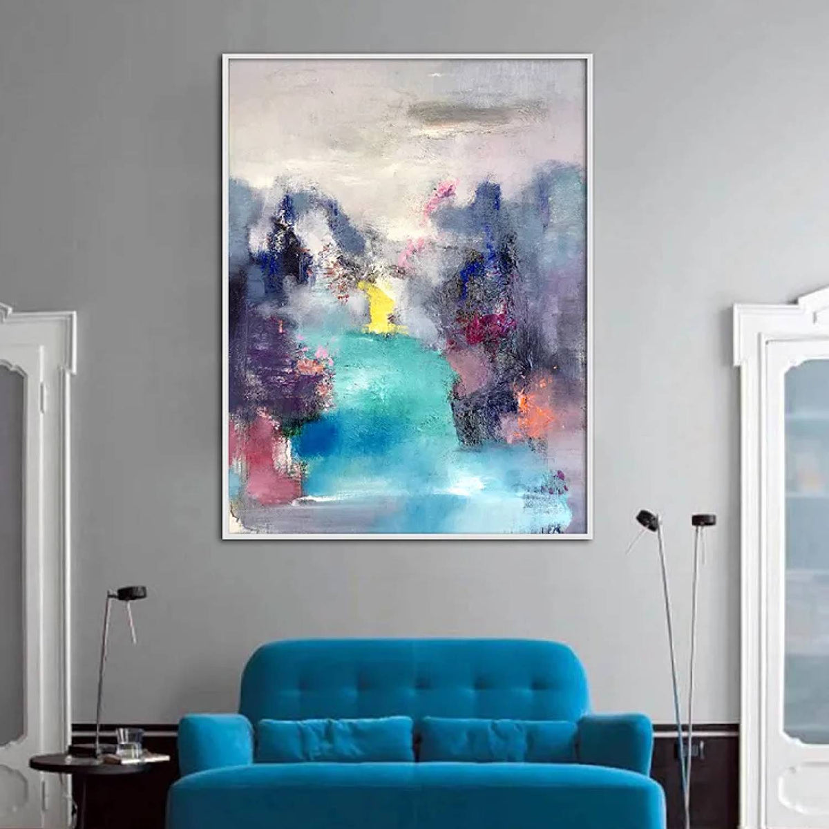 Room mockup. A central turquoise water-like passage between dark purple and grey shapes beneath pale cream and pink strokes.