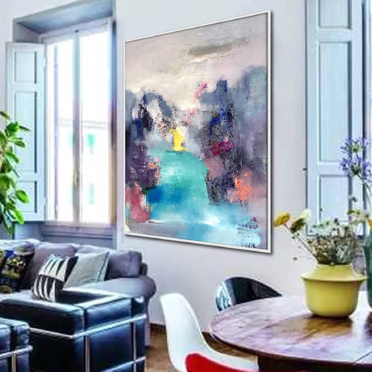Room mockup. A central turquoise water-like passage between dark purple and grey shapes beneath pale cream and pink strokes.