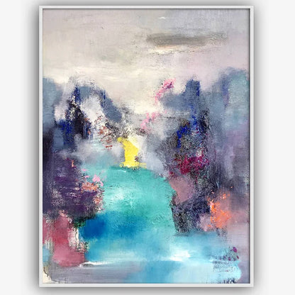 A central turquoise water-like passage between dark purple and grey shapes beneath pale cream and pink strokes.