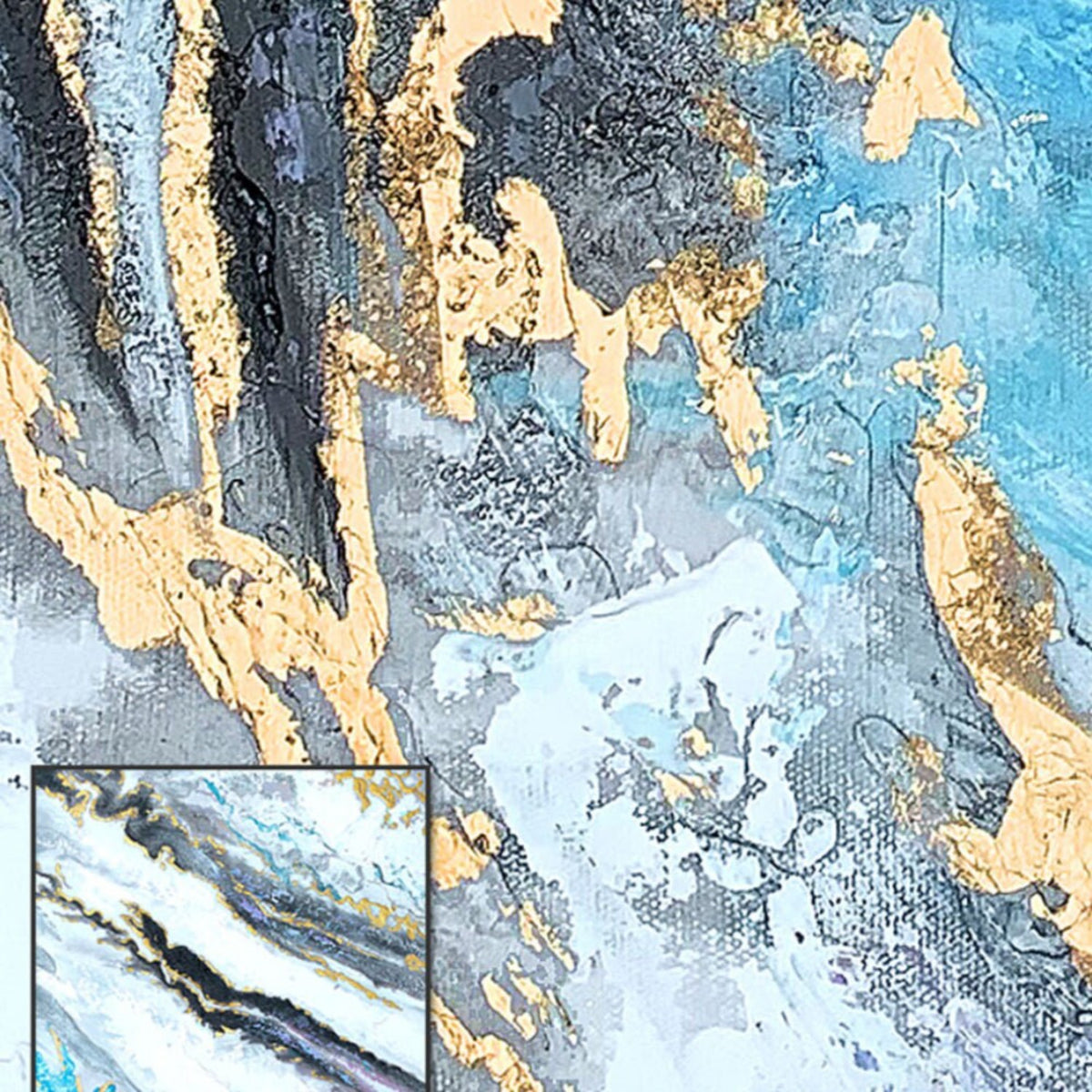 Close-up. Broad diagonal turquoise, white and black flowing bands with fine gold-coloured edges and layered stone-like texture.